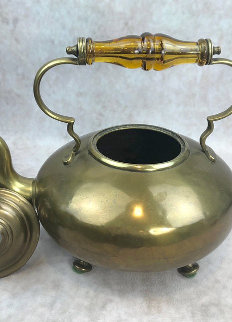 Antique Brass Kettle / Tea Pot / Coffee Pot with Amber Glass Handle. Kettle / Pot with Feet. Home Decor , Film , Photo Prep.