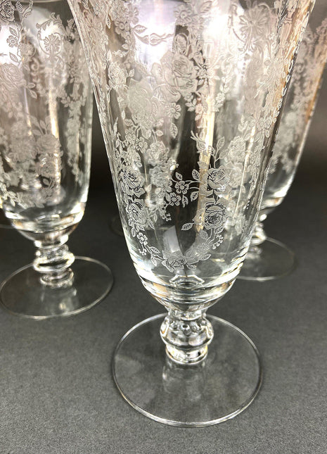 Antique Tiffin Franciscan Water Goblets, Cherokee Rose Pattern, Set of 7.