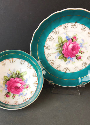 Vintage Tea Cup and Saucer.  Hand Painted Three Footed Tea Set  in Green , Pink , and Gold. Great Christmas Gift for Her.