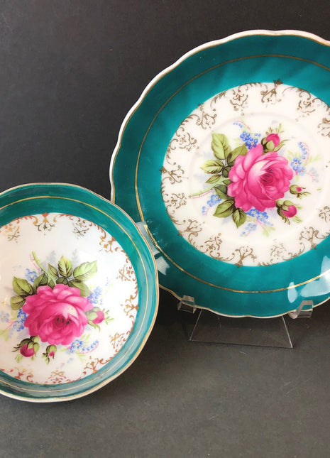 Vintage Tea Cup and Saucer.  Hand Painted Three Footed Tea Set  in Green , Pink , and Gold. Great Christmas Gift for Her.