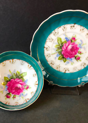 Vintage Tea Cup and Saucer.  Hand Painted Three Footed Tea Set  in Green , Pink , and Gold. Great Christmas Gift for Her.
