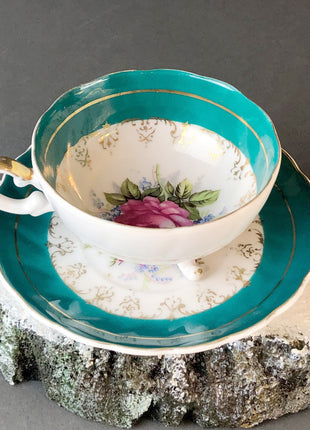 Vintage Tea Cup and Saucer.  Hand Painted Three Footed Tea Set  in Green , Pink , and Gold. Great Christmas Gift for Her.