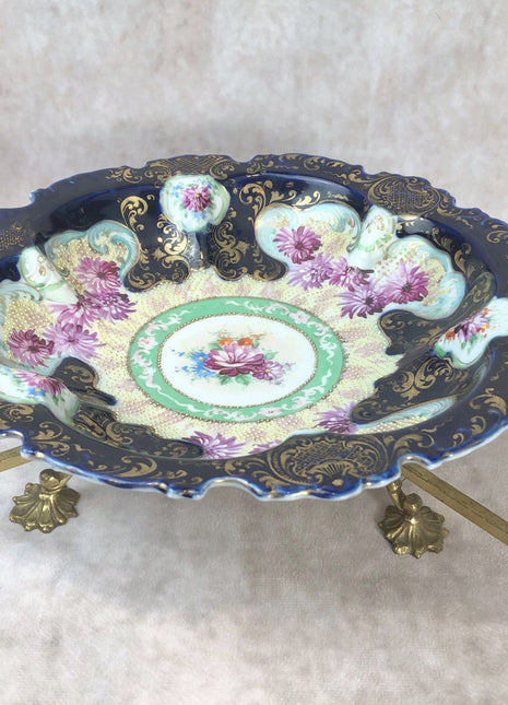 Antique Bowl with Stand. Intricate Hand Decorated Large Dish with Scalloped Rim and 22 Karat Gold Elements.