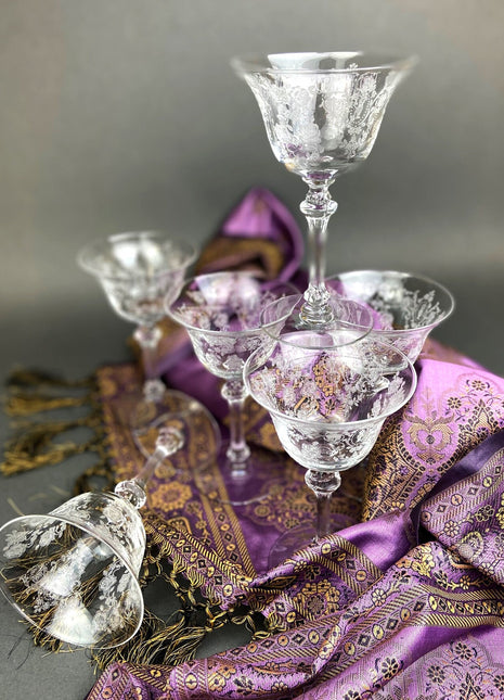 Antique Tiffin Franciscan Liquor Cocktail Glasses, Cherokee Rose Pattern, Set of 6.