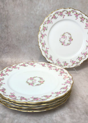 Limoges Elite Set of Five Bread / Salad / 8.75 inch Plates with Pink Roses and Scalloped Rim.  Antique Limoges Dishes.