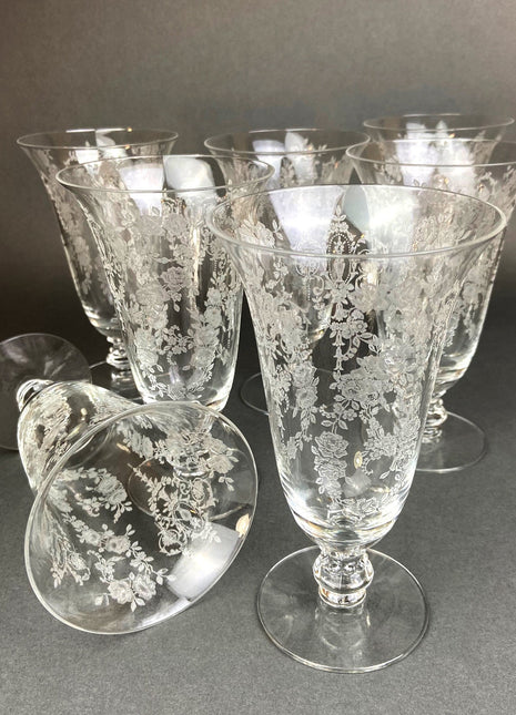 Antique Tiffin Franciscan Water Goblets, Cherokee Rose Pattern, Set of 7.
