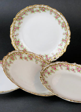 Limoges Elite Works Set of Four Berry Bowls.  Small Bowls with Pink Roses and Scalloped Rim.  Antique Limoges Dishes.