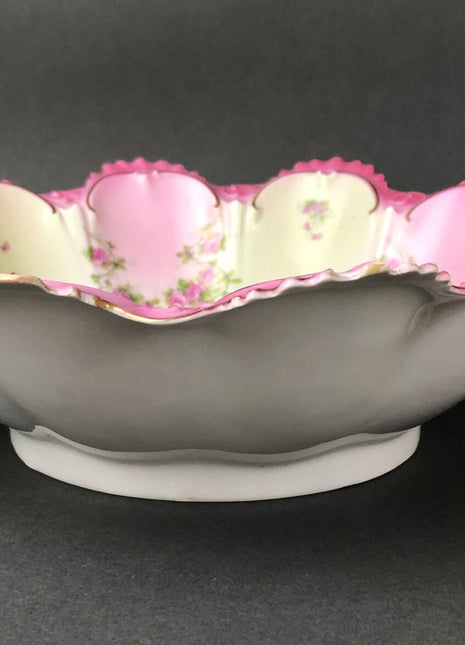 Antique Bowl by M.Z. Austria. Intricate Hand Decorated European Dish with Tiny Roses and Scalloped Rim. Pink / White / Gold.