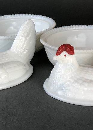 Milk Glass Butter Dishes / Westmoreland Bowl / Nesting Hen with Red Painted Head / Set of Two Trinket Bowls with Nesting Hen on Lid.