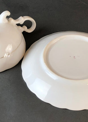 Vintage Tea Cup and Saucer.  Hand Painted Three Footed Tea Set  in Green , Pink , and Gold. Great Christmas Gift for Her.
