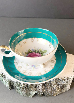 Vintage Tea Cup and Saucer.  Hand Painted Three Footed Tea Set  in Green , Pink , and Gold. Great Christmas Gift for Her.