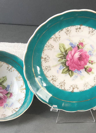 Vintage Tea Cup and Saucer.  Hand Painted Three Footed Tea Set  in Green , Pink , and Gold. Great Christmas Gift for Her.