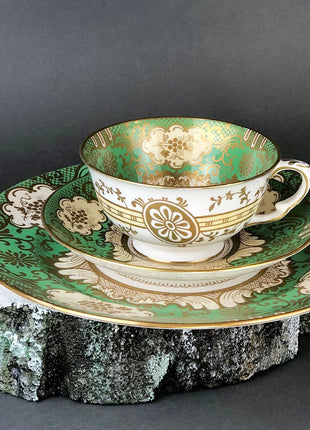 Vintage Tea Cup, Saucer, & Dessert Plate Trio by Waldershof, Bavaria. Hand-Painted Green with Gold Panels and Flowers. Collectible Porcelain