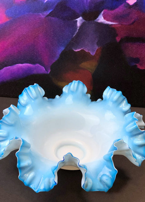 Fenton Blue Opalescent Glass Bowl with Ruffled Rim. Vintage Large Glass Bowl.