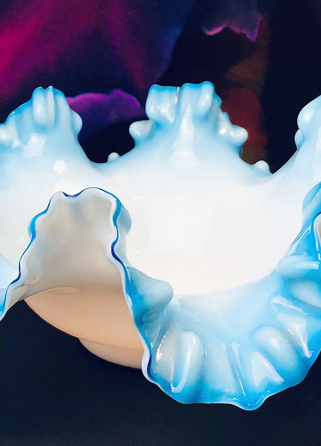 Fenton Blue Opalescent Glass Bowl with Ruffled Rim. Vintage Large Glass Bowl.