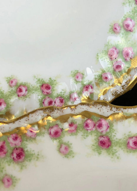 Limoges Elite Works Set of Four Berry Bowls.  Small Bowls with Pink Roses and Scalloped Rim.  Antique Limoges Dishes.