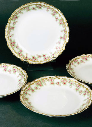 Limoges Elite Works Set of Four Berry Bowls.  Small Bowls with Pink Roses and Scalloped Rim.  Antique Limoges Dishes.