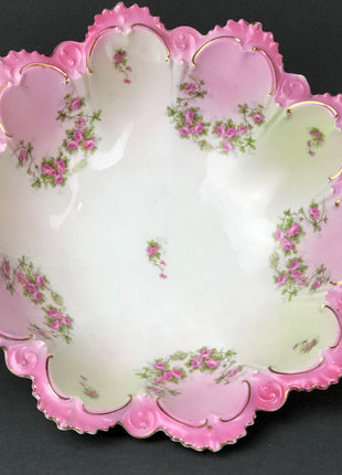 Antique Bowl by M.Z. Austria. Intricate Hand Decorated European Dish with Tiny Roses and Scalloped Rim. Pink / White / Gold.