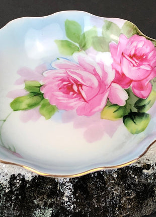Antique Porcelain Candy Bowl / Berry Bowl / Vegetable Dish /Rice Serving Bowl by Nippon. Gorgeous Handled Hand Painted Roses. Gift Idea.