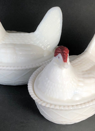 Milk Glass Butter Dishes / Westmoreland Bowl / Nesting Hen with Red Painted Head / Set of Two Trinket Bowls with Nesting Hen on Lid.