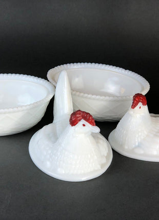 Milk Glass Butter Dishes / Westmoreland Bowl / Nesting Hen with Red Painted Head / Set of Two Trinket Bowls with Nesting Hen on Lid.