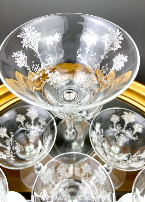 Morgantown Mayfair Etched Glasses, Liquoir or Coctail, Vintage Glass. Set of Eight Stemware.