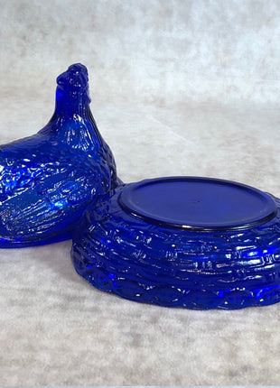 Vintage Nesting Hen Cobalt Blue Glass Butter Dish. Trinket Box with Lid Hand Made by Smith Glass.