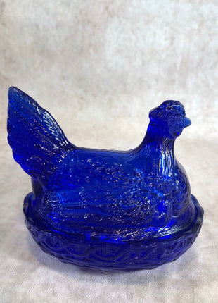 Vintage Nesting Hen Cobalt Blue Glass Butter Dish. Trinket Box with Lid Hand Made by Smith Glass.