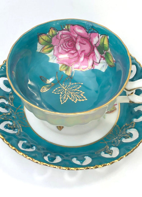 Antique Cup and Saucer Set.  Royal Halsey Three Footed Cup and Saucer with Luster Background,  Green Pink Gold Decor. Christmas Gift.