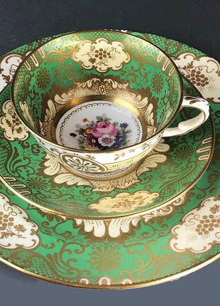 Vintage Tea Cup, Saucer, & Dessert Plate Trio by Waldershof, Bavaria. Hand-Painted Green with Gold Panels and Flowers. Collectible Porcelain