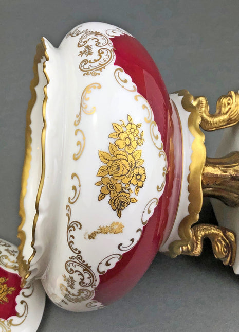 Vintage Porcelain Candy Dish with Lid / Footed Trinket Box  with Cover /  Lidded Ring Dish.  White , Red , Gold Colors.