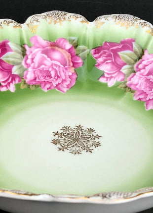 Antique Serving Bowl by Malmaison , Bavaria. Hand Painted European Dish with Roses and Scalloped Rim. Green / Pink / Gold.