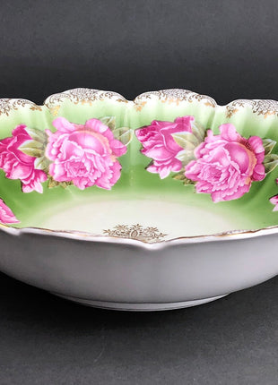 Antique Serving Bowl by Malmaison , Bavaria. Hand Painted European Dish with Roses and Scalloped Rim. Green / Pink / Gold.