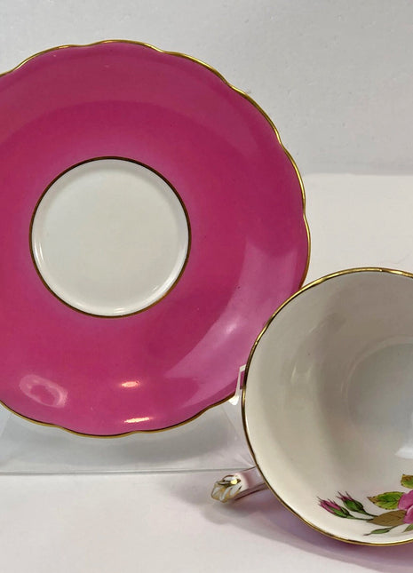 Vintage Cup and Saucer by Staffordshire, England. Hand Painted Tea Set Signed by Artist. Pink White Green. Christmas Gift Idea.