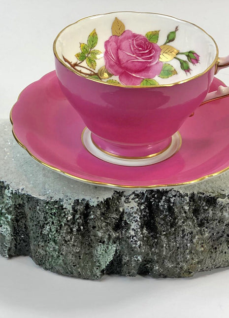 Vintage Cup and Saucer by Staffordshire, England. Hand Painted Tea Set Signed by Artist. Pink White Green. Christmas Gift Idea.