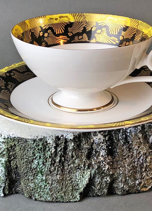 Antique Bavarian Porcelain Tea Cup and Saucer by Eberthal. White Black Gold and Yellow Colors.