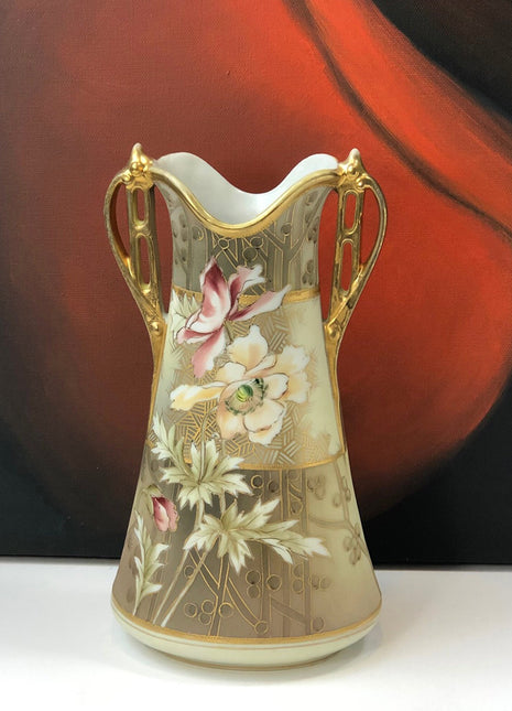 Antique Vase by Nippon. Hand Painted Art Nouveau Urn Made in Japan. Flatten Vase in Champagne Gold Pink Cream Colors.