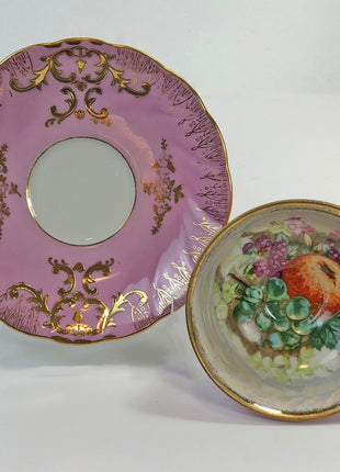 Cup by Royal Halsey LM and Saucer  by Royal Sealy. Mismatch Tea Set. Iridescent Cup Inside with Fruit Pattern.  Pink Green Orange Gold