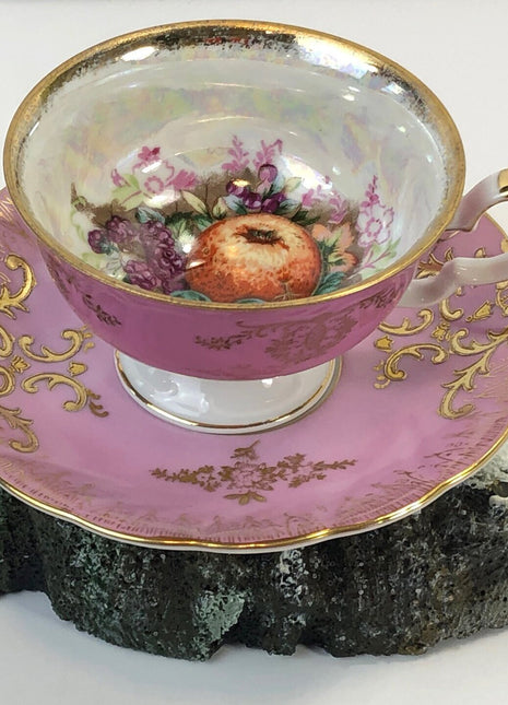Cup by Royal Halsey LM and Saucer  by Royal Sealy. Mismatch Tea Set. Iridescent Cup Inside with Fruit Pattern.  Pink Green Orange Gold