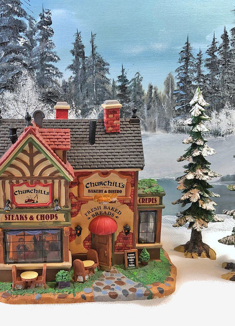 Christmas Decoration. Lemax Signature Collection. Churchills House for Xmas Village. Steaks Chops, Bakery & Bistro, Crepes Restaurants.