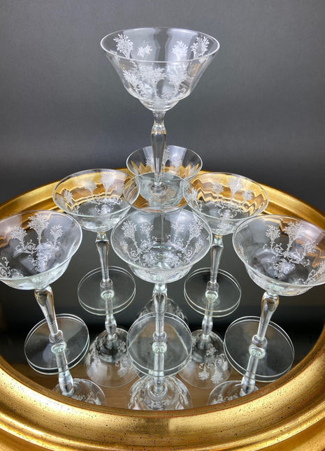 Morgantown Mayfair Etched Glasses, Liquoir or Coctail, Vintage Glass. Set of Eight Stemware.