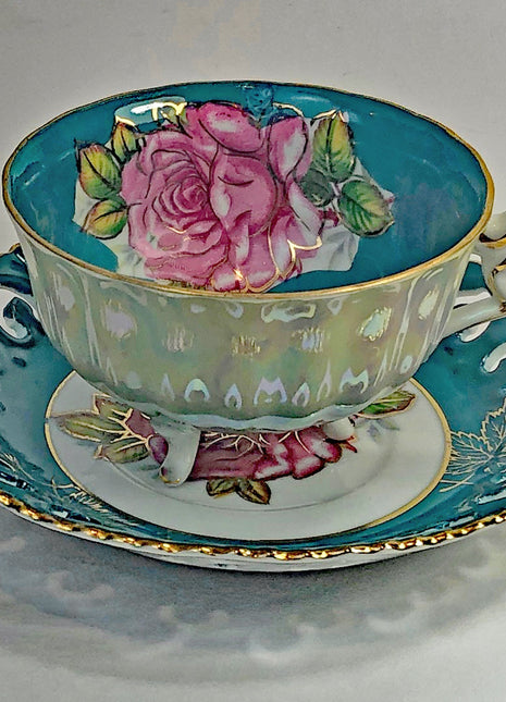 Antique Cup and Saucer Set.  Royal Halsey Three Footed Cup and Saucer with Luster Background,  Green Pink Gold Decor. Christmas Gift.