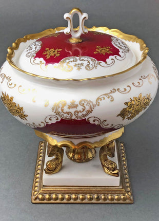 Vintage Porcelain Candy Dish with Lid / Footed Trinket Box  with Cover /  Lidded Ring Dish.  White , Red , Gold Colors.