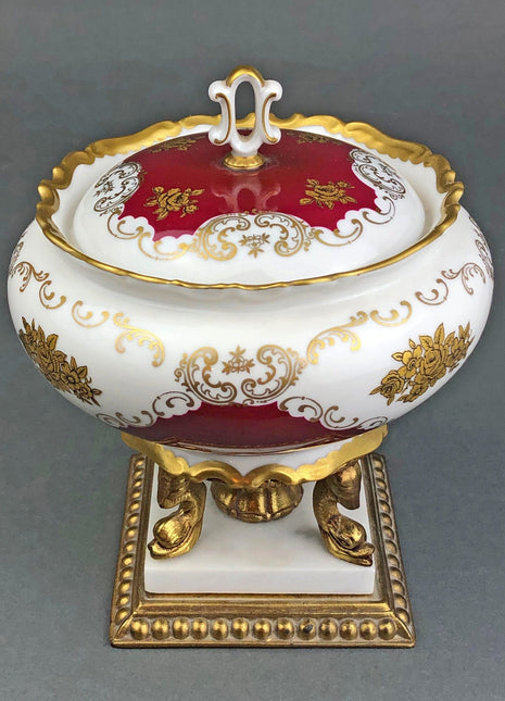 Vintage Porcelain Candy Dish with Lid / Footed Trinket Box  with Cover /  Lidded Ring Dish.  White , Red , Gold Colors.
