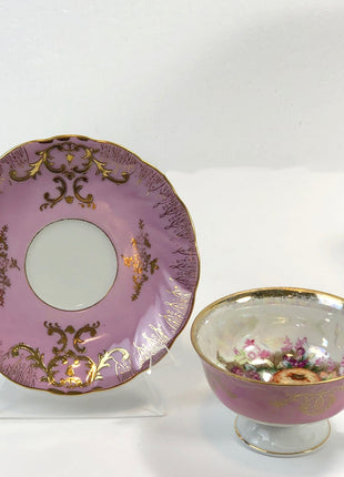 Cup by Royal Halsey LM and Saucer  by Royal Sealy. Mismatch Tea Set. Iridescent Cup Inside with Fruit Pattern.  Pink Green Orange Gold