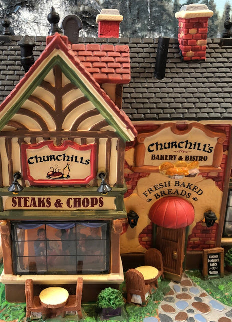 Christmas Decoration. Lemax Signature Collection. Churchills House for Xmas Village. Steaks Chops, Bakery & Bistro, Crepes Restaurants.