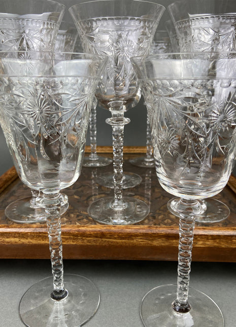 Vintage Wine/Water Goblets. Cut Crystal Tall Stemware. Daisy Garland Motif. Set of Ten Glasses
