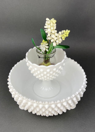 Milk Glass Footed Bowl. Candy Dish with Grape Motif & Ruffled Rim. White Table Centerpiece. Trinket Dish. Bathroom and Bedroom Decor.