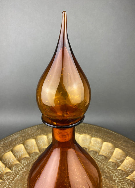 Vintage Bottle with Drop Shaped Stopper. Brown Decanter with Fleur de Lis Detail. Hand Blown Glass.