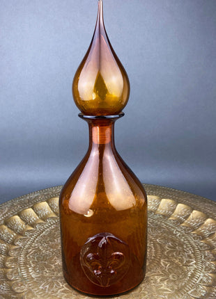 Vintage Bottle with Drop Shaped Stopper. Brown Decanter with Fleur de Lis Detail. Hand Blown Glass.